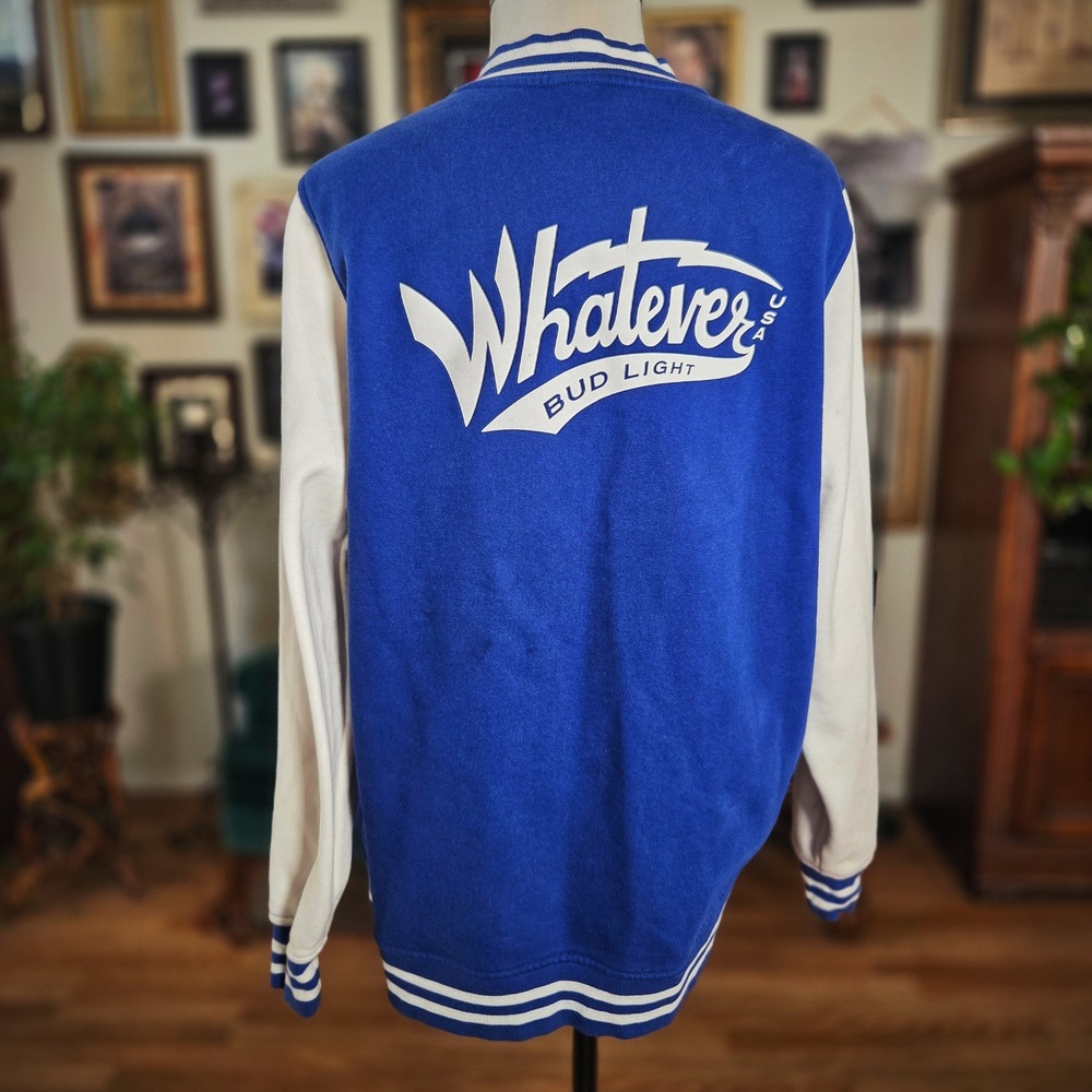 Sport-Tek Bud Light Whatever Varsity Jacket Blue White Mens XL Snap Front - Picture 4 of 8